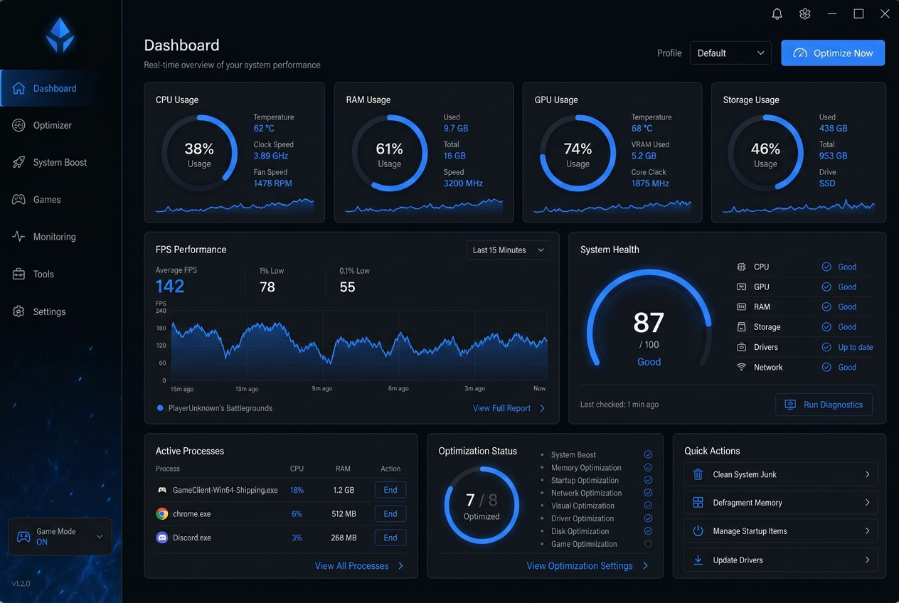 WkeyReaper Optimizations optimizer dashboard showing CPU, GPU and FPS performance monitoring